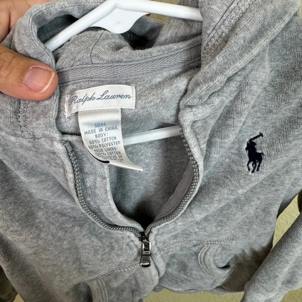Ralph Lauren Baby Gray Velour Zip Up Hoodie Sweatshirt 18M Pony Logo
